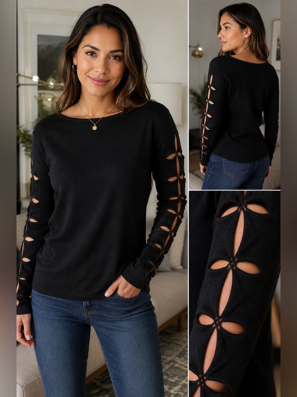Roz & Ali Black Cutout Sleeve Sweater – Size Large